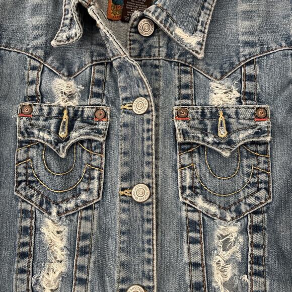 True Religion Women’s Vintage Distressed Medium Wash Denim Jean Jacket Size M - Picture 5 of 12
